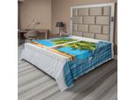 Abakuhaus Lenzuolo Da Letto, Vista Dalla Finestra Con Tenda Tropicale, Raggi Del Sole, Palme, Oceano, Morbido E Confortevole Lenzuolo Superiore Per Un Letto Decorativo, 1 Pezzo, 260 Cm X 228 Cm, Blu Verde