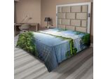 Abakuhaus Lenzuolo Naturale, Giornata Di Sole Su Un Tranquillo Fiume In Estate Sunshines Green Grass All'aperto, Morbido E Confortevole Lenzuolo Superiore Per Un Letto Decorativo 1 Pezzo 266 Cm X 260 Cm, Verde Felce Azzurro Cielo