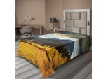 Abakuhaus Lenzuolo Da Letto Bosco, Autunno In Montagna Prati Color Oro Sole Che Splende Nuvole Paesaggio Nuvoloso, Morbido E Confortevole Lenzuolo Superiore Per Un Letto Decorativo 1 Pezzo 260 Cm X 168 Cm, Terra Giallo Blu-Grigio