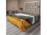 Abakuhaus Lenzuolo Da Letto Bosco, Autunno In Montagna Prati Color Oro Sole Che Splende Nuvole Paesaggio Nuvoloso, Morbido E Confortevole Lenzuolo Superiore Per Un Letto Decorativo 1 Pezzo 266 Cm X 260 Cm, Terra Giallo Blu-Grigio