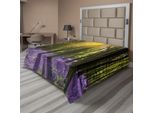 Abakuhaus Lenzuolo Da Letto Bosco, Tema Primavera Raggi Di Sole Campanule Nel Bosco Alberi Natura Motivo Fotografico, Lenzuolo Superiore Morbido E Confortevole Per Un Letto Decorativo 1 Pezzo 266 Cm X 260 Cm, Viola Verde Giallo