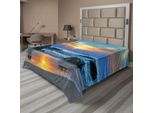 Abakuhaus Lenzuolo Da Letto, Tramonto Sulla Spiaggia Sabbiosa Con Rocce E Onde Lonely Peace Dream Earth, Morbido E Confortevole Lenzuolo Superiore Per Un Letto Decorativo 1 Pezzo 244 Cm X 205 Cm, Blu Giallo