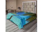 Abakuhaus Lenzuolo Ocean, Stampa Con Tema Isola Tropicale Con Palme E Spiaggia Cristallina, Lenzuolo Superiore Morbido E Confortevole Per Un Letto Decorativo, 1 Pezzo, 260 Cm X 228 Cm, Blu Turchese