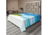 Abakuhaus Lenzuolo Da Letto Ocean, Immagine Della Spiaggia Tropicale, Cielo Marino, Paesaggio, Palme Da Cocco, Ambiente Moderno, Lenzuolo Morbido E Confortevole Per Un Letto Decorativo, 1 Pezzo, 260 Cm X 228 Cm, Color Crema, Verde E Blu.