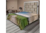 Abakuhaus Lenzuolo, Paesaggio Rurale Con Sentiero Di Legno E Casa, Cielo Nuvoloso, Tranquillità Di Montagna, Natura, Lenzuolo Morbido E Confortevole Per Un Letto Decorativo, 1 Pezzo, 275 Cm X 260 Cm, Verde Blu