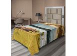 Abakuhaus Lenzuolo Safari, Grande Famiglia Di Elefanti Della Savana Africana, Cielo Nuvoloso E Drammatico, Prato, Lenzuolo Morbido E Confortevole Per Un Letto Decorativo, 1 Pezzo, 260 Cm X 168 Cm, Giallo, Grigio, Blu