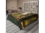 Abakuhaus Lenzuolo Da Letto Bosco, Tramonto Vista Del Bosco Scuro In Autunno Scena Nebbiosa Con Ombre Degli Alberi, Lenzuolo Morbido E Confortevole Per Un Letto Decorativo 1 Pezzo 244 Cm X 205 Cm, Arancione Verde