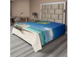 Abakuhaus Lenzuolo Da Letto, Scena Rilassante Su Una Spiaggia Isolata Con Palme, Sedie E Barche, Immagine Panoramica, Lenzuolo Morbido E Confortevole Per Un Letto Decorativo, 1 Pezzo, 260 Cm X 228 Cm, Verde Blu