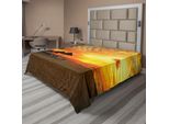 Abakuhaus Lenzuolo Da Letto, Tramonto Sulla Spiaggia, Silhouette Di Resort Balneare, Luna Di Miele Romantica, Stampa Fotografica, Lenzuolo Morbido E Confortevole Per Un Letto Decorativo, 1 Pezzo, 266 Cm X 260 Cm, Arancione Giallo