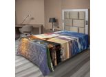 Abakuhaus Lenzuolo Torre Eiffel, Simbolo Di Parigi Alba Con Nuvole All'orizzonte Statue Nel Parco Raggi Di Sole, Lenzuolo Morbido E Confortevole Per Un Letto Decorativo 1 Pezzo 260 Cm X 168 Cm, Blu Navy Giallo Verde