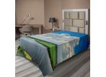 Abakuhaus Lenzuolo Naturale, Nuvole Sopra Un Paesaggio Fluviale Con Prati Divertenti, Cielo Sereno, Ora Diurna, Lenzuolo Superiore Morbido E Confortevole Per Un Letto Decorativo, 1 Pezzo, 190 Cm X 100 Cm, Verde, Bianco, Blu