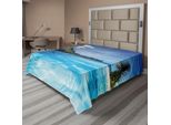 Abakuhaus Lenzuolo Con Paesaggio, Paesaggio Con Piscina E Isola Lontana Tema Tropicale Esotico Hawaiano, Lenzuolo Morbido E Confortevole Per Un Letto Decorativo 1 Pezzo 275 Cm X 260 Cm, Verde Turchese