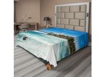 Abakuhaus Lenzuolo Con Faro, Isola Tropicale Con Faro, Palme, Altalene, Spiaggia Ondulata, Oceano, Morbido E Confortevole Lenzuolo Superiore Per Un Letto Decorativo, 1 Pezzo, 244 Cm X 205 Cm, Blu, Bianco, Verde
