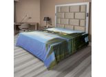 Abakuhaus Lenzuolo Paesaggistico, Maestoso Fiume Incontra Ponte, Antica Città Ucraina, Paesaggio Rurale, Morbido E Confortevole Lenzuolo Superiore Per Un Letto Decorativo, 1 Pezzo, 266 Cm X 260 Cm, Verde Blu