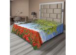Abakuhaus Lenzuolo Con Papaveri, Paesaggio Con Papaveri In Fiore Su Un Campo, Maestoso Albero, Habitat Rurale, Foto, Lenzuolo Morbido E Confortevole Per Un Letto Decorativo, 1 Pezzo, 244 Cm X 205 Cm, Verde, Blu, Rosso