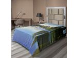 Abakuhaus Lenzuolo Paesaggistico, Maestoso Fiume Incontra Ponte Antica Città Ucraina Paesaggio Rurale, Morbido E Confortevole Lenzuolo Superiore Per Un Letto Decorativo 1 Pezzo 190 Cm X 100 Cm, Verde Blu