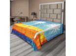 Abakuhaus Lenzuolo Arancione Bruciato, Moderno Motivo Variegato Con Grafica Di Spiaggia Tropicale Con Palme, Morbido E Confortevole Lenzuolo Superiore Per Un Letto Decorativo 1 Pezzo 260 Cm X 228 Cm, Arancione Blu Bianco