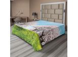 Abakuhaus Lenzuolo Con Fiori, Paesaggio Primaverile Giapponese, Erba Selvatica, Fiori Di Ciliegio Rosa, Panorama, Lenzuolo Morbido E Confortevole Per Un Letto Decorativo, 1 Pezzo, 244 Cm X 205 Cm, Verde Acquamarina Rosa