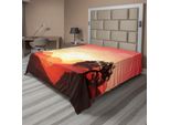 Abakuhaus Lenzuolo Mistico, Tramonto Orientale Magico, Vista Alberi, Montagne, Colline Mistiche, Raggi, Immagine Scura, Lenzuolo Morbido E Confortevole Per Un Letto Decorativo, 1 Pezzo, 244 Cm X 205 Cm, Arancione Corallo, Marrone Scuro