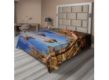 Abakuhaus Lenzuolo Naturale, Palme Nell'oceano, Skyline Esotico, Paradiso Estivo, Tema Luna Di Miele Alle Mauritius, Lenzuolo Morbido E Confortevole Per Un Letto Decorativo, 1 Pezzo, 244 Cm X 205 Cm, Marrone E Blu