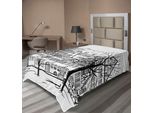 Abakuhaus Vista Della Città Lenzuolo, Stagione Autunnale Panorama Urbano Città Europea Strade Illustrazione Disegnata A Mano, Morbido E Confortevole Lenzuolo Superiore Per Un Letto Decorativo 1 Pezzo 190 Cm X 100 Cm, Bianco Nero