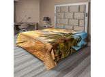 Abakuhaus Lenzuolo Da Letto, Spiaggia Tropicale Sabbiosa Con Orizzonte Al Tramonto E Foto Estiva Con Palme Da Cocco, Morbido E Confortevole Lenzuolo Superiore Per Un Letto Decorativo 1 Pezzo 260 Cm X 228 Cm, Crema Blu