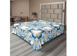 Abakuhaus Lenzuolo Etnico, Mosaico Tunisino Con Influenza Spagnola Azulojo Autentica Opera D'arte Ispirata All'arabesco Retrò, Lenzuolo Morbido E Confortevole Per Un Letto Decorativo 1 Pezzo 260 Cm X 228 Cm, Blu