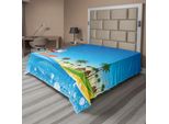 Abakuhaus Lenzuolo Natalizio, Babbo Natale Che Surfa Su Un'onda Con Un Sacco In Un Cartone Animato Tropicale Fantastico Di Una Notte Tropicale Sulla Spiaggia, Lenzuolo Morbido E Confortevole Per Un Letto Decorativo 1 Pezzo 275 Cm X 260 Cm, Multicolore