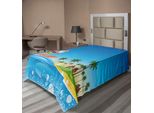 Abakuhaus Lenzuolo Natalizio, Babbo Natale Che Surfa Su Un'onda Con Un Sacco In Un Cartone Animato Tropicale Fantastico Di Una Notte Tropicale Sulla Spiaggia, Lenzuolo Morbido E Confortevole Per Un Letto Decorativo 1 Pezzo 260 Cm X 168 Cm, Multicolore