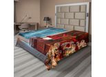 Abakuhaus Lenzuolo Natalizio, Paesaggio Natalizio In Casa Con Finestra Ghiacciata - Rituale Tradizionale - Design Festivo Annuale, Lenzuolo Morbido E Confortevole Per Un Letto Decorativo 1 Pezzo 266 Cm X 260 Cm, Blu Rosso