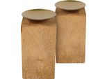 1.10 Portacandele In Legno - Set Di 2 - Con Disco Portacandele Dorato - Circa 14,5 X 7,5 Cm
