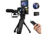 Fine Life Pro 4K Videokamera Camcorder Digitalkamera, 48MP Fotokamera, 16x Digitalzoom Vlogging Kamera mit Stativ und Mikrofon, Kompaktkamera mit 32GB TF-Karte