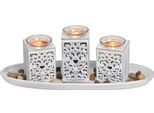 Set Di Porta Tealight Per 3 Tealight - Circa 39X14X10 Cm - Decorazione Con Pietre - Colore: Bianco