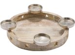 3.08 Portacandele In Legno 35 Cm Con 4 Piastre Per Candele In Alluminio - Modello: Rotondo / Colore: Bianco / Lavato