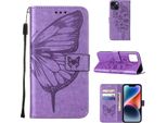 Custodia Per Iphone 15, Butterfly Relief Custodia In Pelle Flip Con Slot Per Schede E Supporto Viola