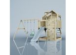 OutdoorToys Spielturm mit Spielhaus inkl. Wellenrutsche und 2x Kinder-Schaukel, Outdoor Klettergerüst Garten, Ausführung: Babyschaukel, Farbe: Eisblau, mit Babyschaukel