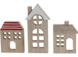 Set Di 3 Case Decorative In Legno Massiccio - Città Con Tetti Colorati - Circa 20 Cm
