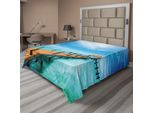 Abakuhaus Lenzuolo Tropicale, Design Esotico Hawaiano Con Molo In Legno, Tema Estivo Pastorale Dell'oceano Caldo, Lenzuolo Morbido E Confortevole Per Un Letto Decorativo, 1 Pezzo 244 Cm X 205 Cm, Blu E Marrone