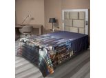 Abakuhaus New York Lenzuolo, Panorama Notturno Dello Skyline Di Manhattan Con Grattacieli Sul Fiume Tranquil River, Lenzuolo Morbido E Confortevole Per Un Letto Decorativo, 1 Pezzo, 260 Cm X 168 Cm, Blu E Arancione