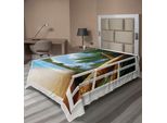 Abakuhaus Lenzuolo Da Letto, Tema Marino Finestra Vista Palme E Sabbia Spiaggia Paesaggio Foto, Morbido E Confortevole Lenzuolo Superiore Per Un Letto Decorativo 1 Pezzo 190 Cm X 100 Cm, Verde Avorio Blu