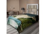 Abakuhaus Lenzuolo, Riflesso Delle Montagne Natural Life Lovers Scena Nebbiosa Panorama Primavera Immagine A Tema, Lenzuolo Morbido E Confortevole Per Un Letto Decorativo 1 Pezzo 190 Cm X 100 Cm, Verde Blu