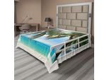 Abakuhaus Lenzuolo Tropicale, Finestra Su Un Paesaggio Esotico Da Spiaggia Composizione Pastorale Con Palme, Morbido E Confortevole Lenzuolo Superiore Per Un Letto Decorativo 1 Pezzo 275 Cm X 260 Cm, Multicolore