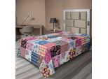 Abakuhaus Lenzuolo Vintage, Quadrati Geometrici A Scacchi Con Fiori Sbocciati, Composizione Floreale Primaverile, Lenzuolo Superiore Morbido E Confortevole Per Un Letto Decorativo, 1 Pezzo 260 Cm X 168 Cm, Multicolore