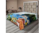Abakuhaus Lenzuolo Romantico, Casa Artistica Con Vista - Pittura - Stampa Artistica - Italia - Mare - Vista Sul Mediterraneo, Lenzuolo Morbido E Confortevole Per Un Letto Decorativo 1 Pezzo 260 Cm X 228 Cm, Arancione Verde Blu