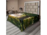 Abakuhaus Lenzuolo Con Albero, Fogliame Antico In Un Paesaggio Mistico Con Nebbia E Fiume, Immagine, Lenzuolo Morbido E Confortevole Per Un Letto Decorativo, 1 Pezzo, 266 Cm X 260 Cm, Marrone, Verde, Sabbia