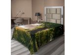 Abakuhaus Lenzuolo Con Albero, Fogliame Antico In Un Paesaggio Mistico Con Nebbia E Fiume, Immagine, Lenzuolo Morbido E Confortevole Per Un Letto Decorativo, 1 Pezzo, 190 Cm X 100 Cm, Marrone, Verde, Sabbia