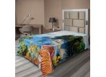 Abakuhaus Romantico Lenzuolo, Casa Artistica Con Vista - Pittura - Stampa Artistica - Italia - Mare - Vista Sul Mediterraneo, Morbido E Confortevole Lenzuolo Superiore Per Un Letto Decorativo 1 Pezzo 260 Cm X 168 Cm, Arancione Verde Blu