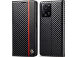 Custodia Per Xiaomi 13T / 13T Pro / Redmi K60 Ultra Carbon Leather Case Con Portacarte, Magnete E Supporto Nero Verticale Rosso