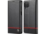 Custodia Per Samsung Galaxy A12 5G In Pelle Di Carbonio Con Portacarte, Magnete E Supporto Nero Orizzontale Rosso