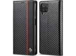 Custodia Per Samsung Galaxy A12 5G In Pelle Di Carbonio Con Portacarte, Magnete E Supporto Nero Verticale Rosso